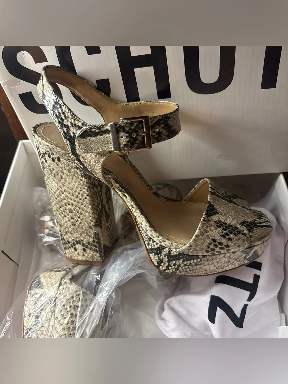 SCHUTZ Snake-Print Block Heel Sandals - Cream and Black